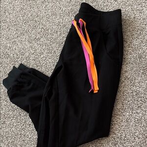 Figs Black Jogger scrubs with Pink & Orange Drawstrings